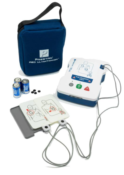 Prestan AED訓練器(AED教學機)中文/英文語言AED訓練機，模擬AED的操作，為學員提供更真實的救援體驗，指導員可使用機上的按鍵設置各種救援方案。